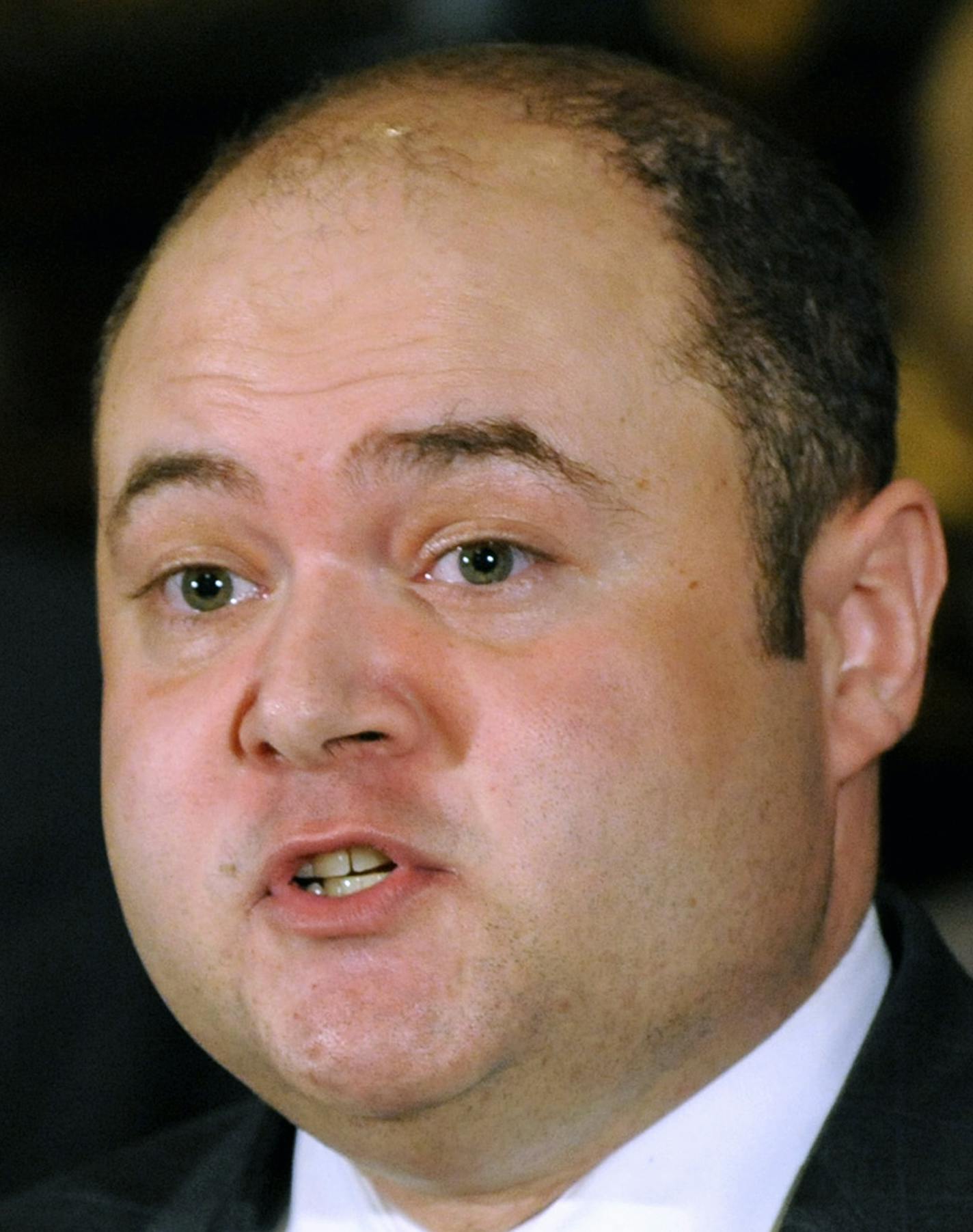 FILE - In this May 13, 2010 file photo, Minnesota Supreme Court Associate Justice David Stras speaks in St. Paul, Minn. Minnesota Sens. Amy Klobuchar and Al Franken deny they're blocking the nomination of Stras to a federal post. President Donald Trump nominated Stras in May for the 8th U.S. Circuit Court of Appeals. (AP Photo/Jim Mone, File)