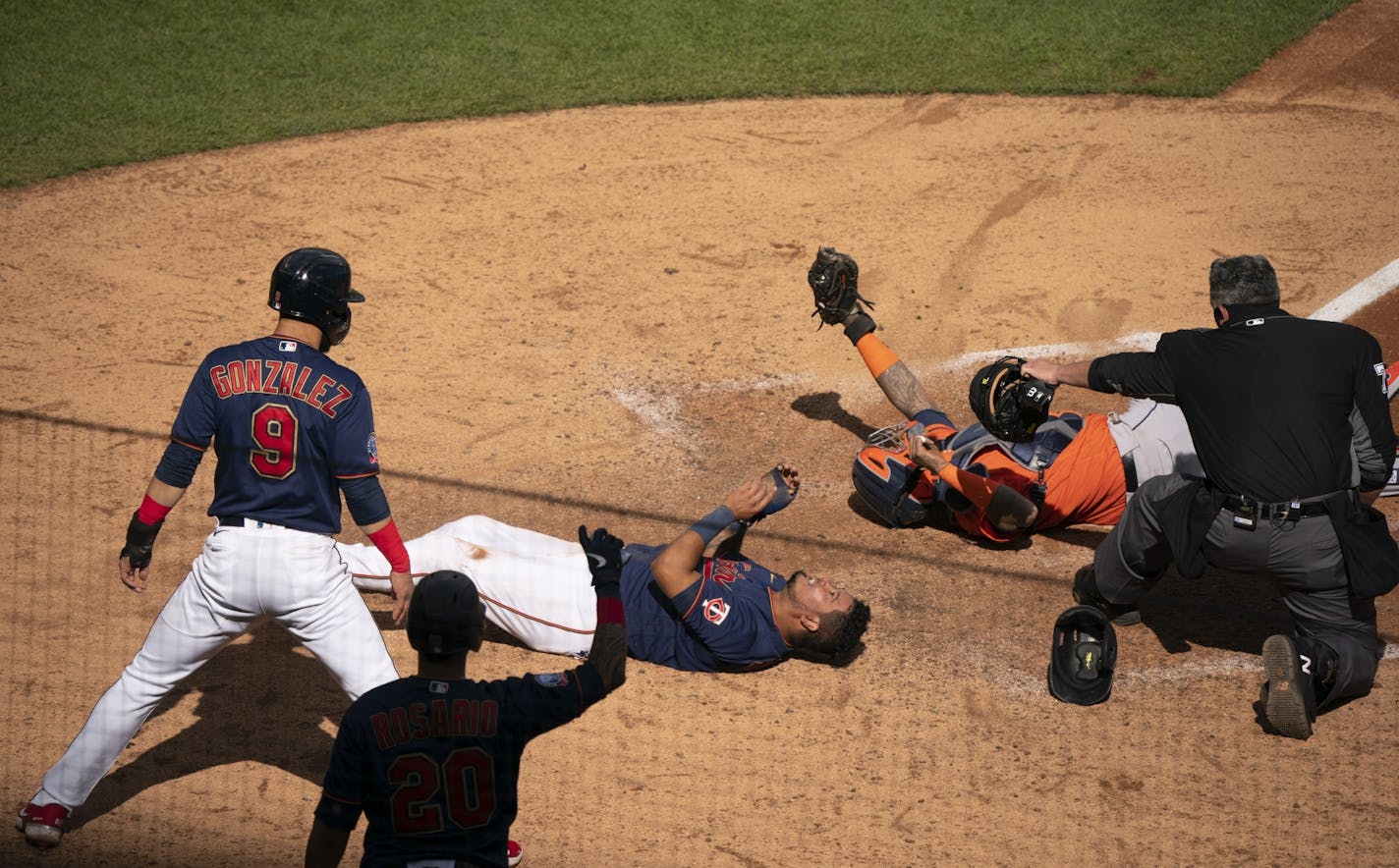 Twins second baseman Luis Arraez was tagged out at home by Astros catcher Martin Maldonado in the fifth inning. It would have been the go ahead run.