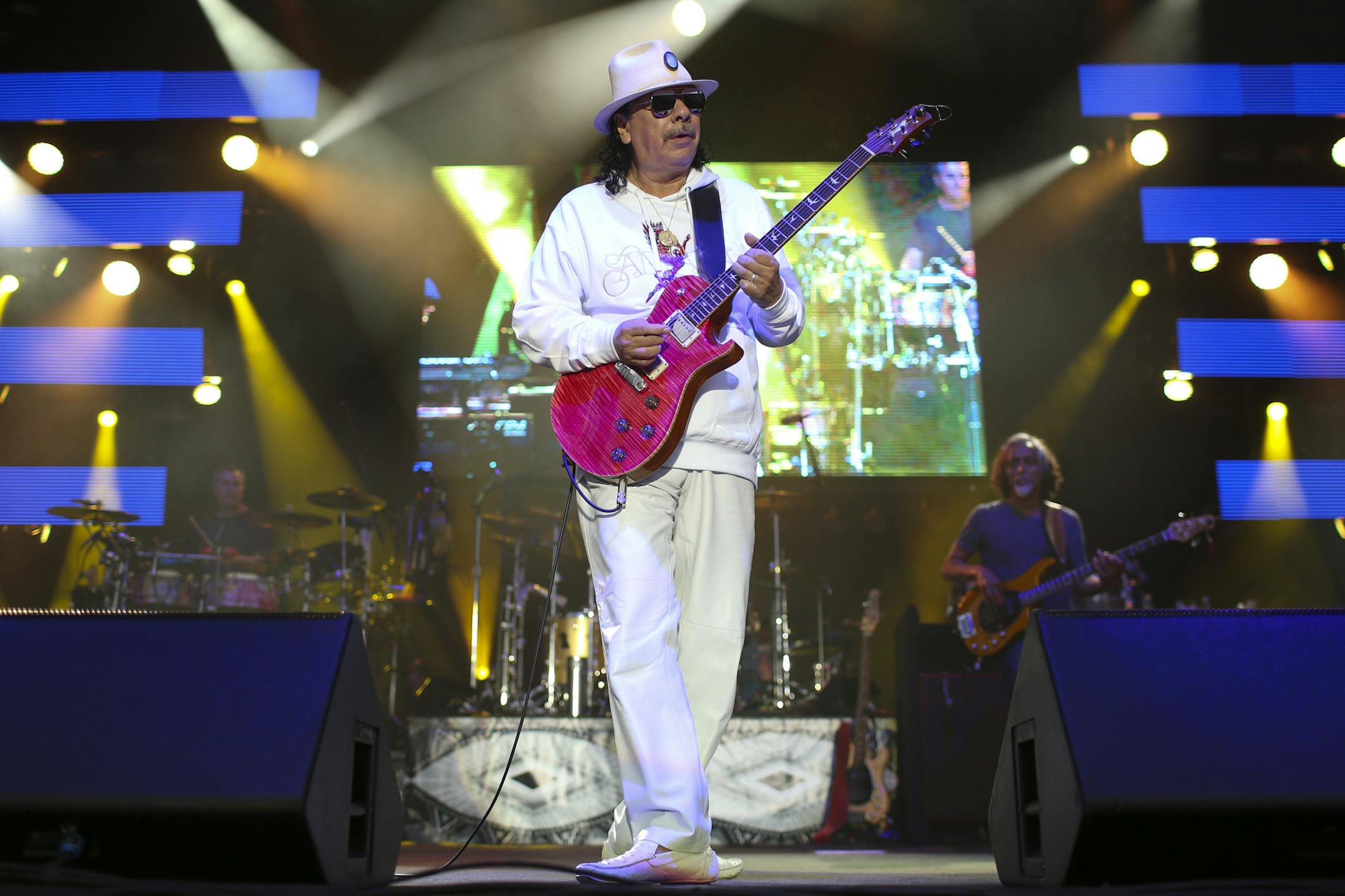 Carlos Santana soloed front and center early in his set Thursday night at the Mystic Amphitheater. ] JEFF WHEELER &#xef; jeff.wheeler@startribune.com Carlos Santana and his band performed at the Mystic Amphitheater in Prior Lake Thursday night, July 13, 2017.