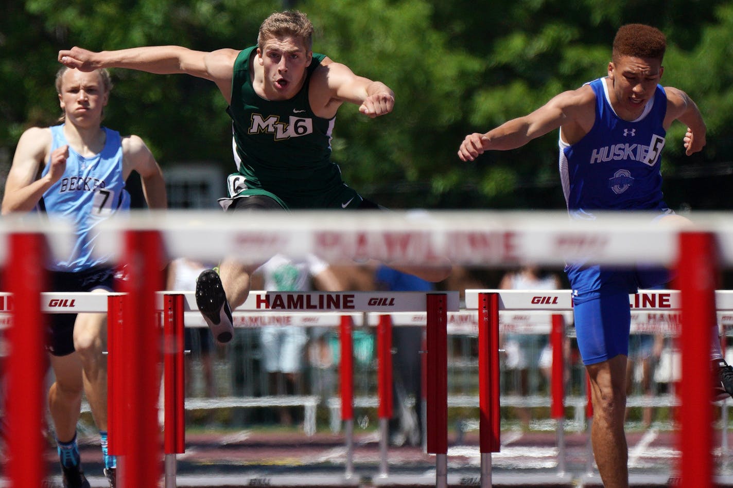 Josh Sampson of Mounds View won the boys 300 meter hurdles with a time of 38.11. ] ANTHONY SOUFFLE • anthony.souffle@startribune.com Student athletes competed in the MSHSL Class 2A track and field meet finals Saturday, June 8, 2019 at Hamline University in St. Paul, Minn.