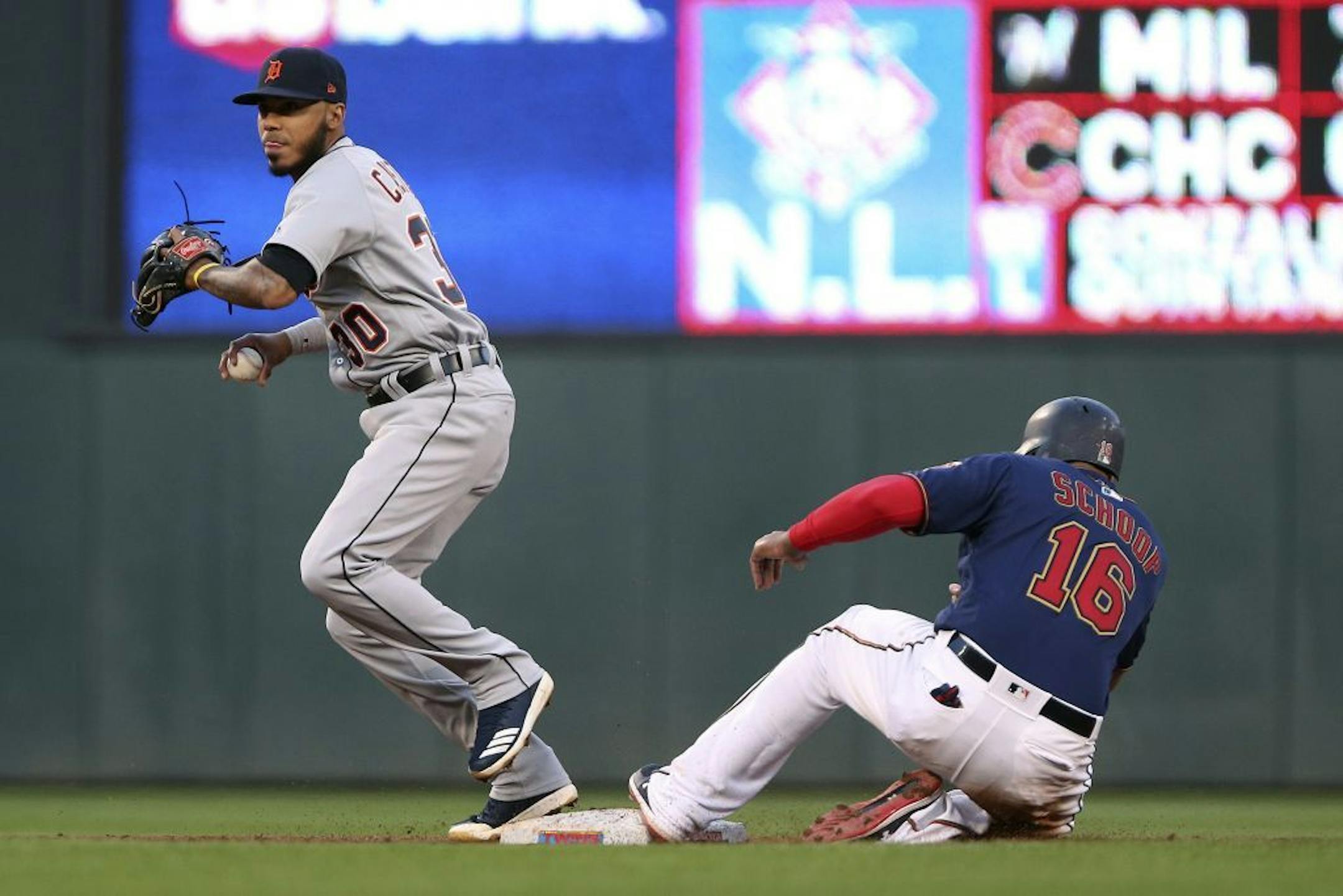 Detroit Tigers' Harold Castro gets Minnesota Twins' Jonathan Schoop out at second base in the third inning of a baseball game Friday, May 10, 2019, in Minneapolis.