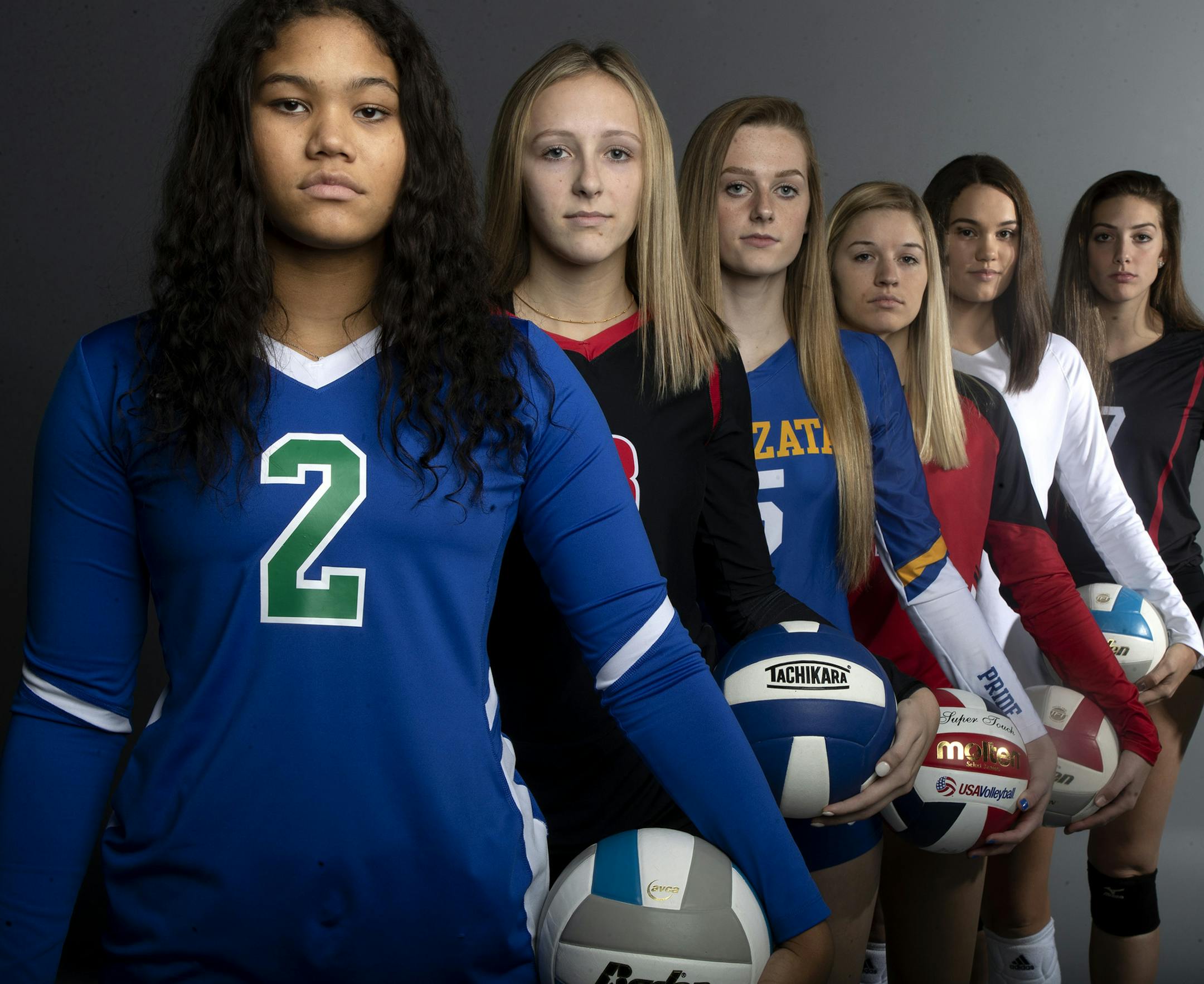 Metro Player of the Year Kennedi Orr, Eagan left, Olivia Tjernagel Mayer Lutheran and Elizabeth Helmich, Wayzata,Cianna Selbitchka, North Branch,Ava Moes, Lakeville South, and Maddie Whittington, Stillwater] Jerry Holt • Jerry.holt@startribune.com Prep volleyball metro player of the year Sunday Nov. 3, 2019. in Minneapolis, MN. Jerry Holt