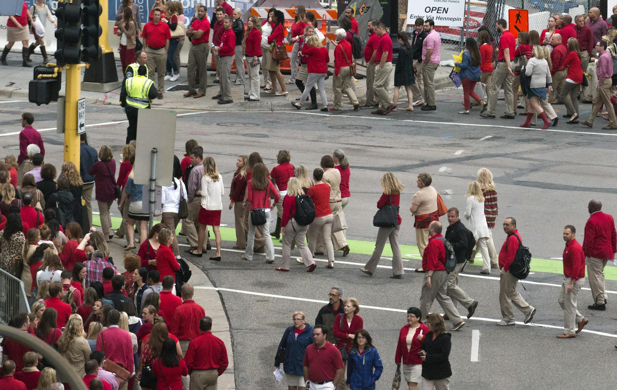 About 14,000 Target Corp. employees, most in the firm‚Äôs signature red and khaki colors, are at the Target Center in downtown Minneapolis this afternoon for the annual event, a download ahead of November-to-January sales period that is the most important of the year for the retailer. ‚ÄúWe need to be cool again,‚Äù new CEO Brian Cornell told the gathering, as the firm tries to rally the troops after a tough year. Here, a sea of red and Khaki fl