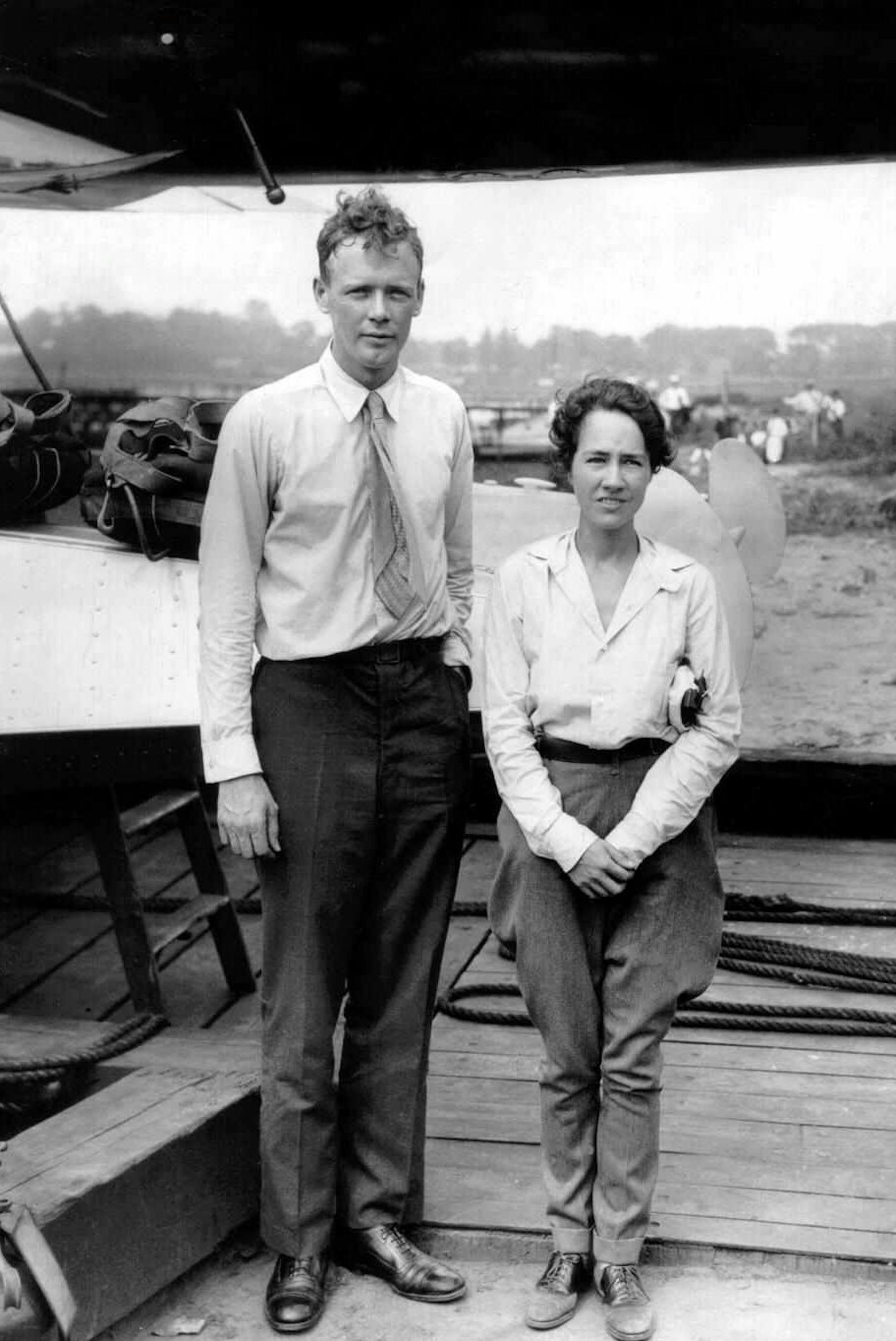 Anne Morrow Lindbergh and her husband Charles in College Point, N.Y., before a test flight for their proposed trip to the Orient in 1931.