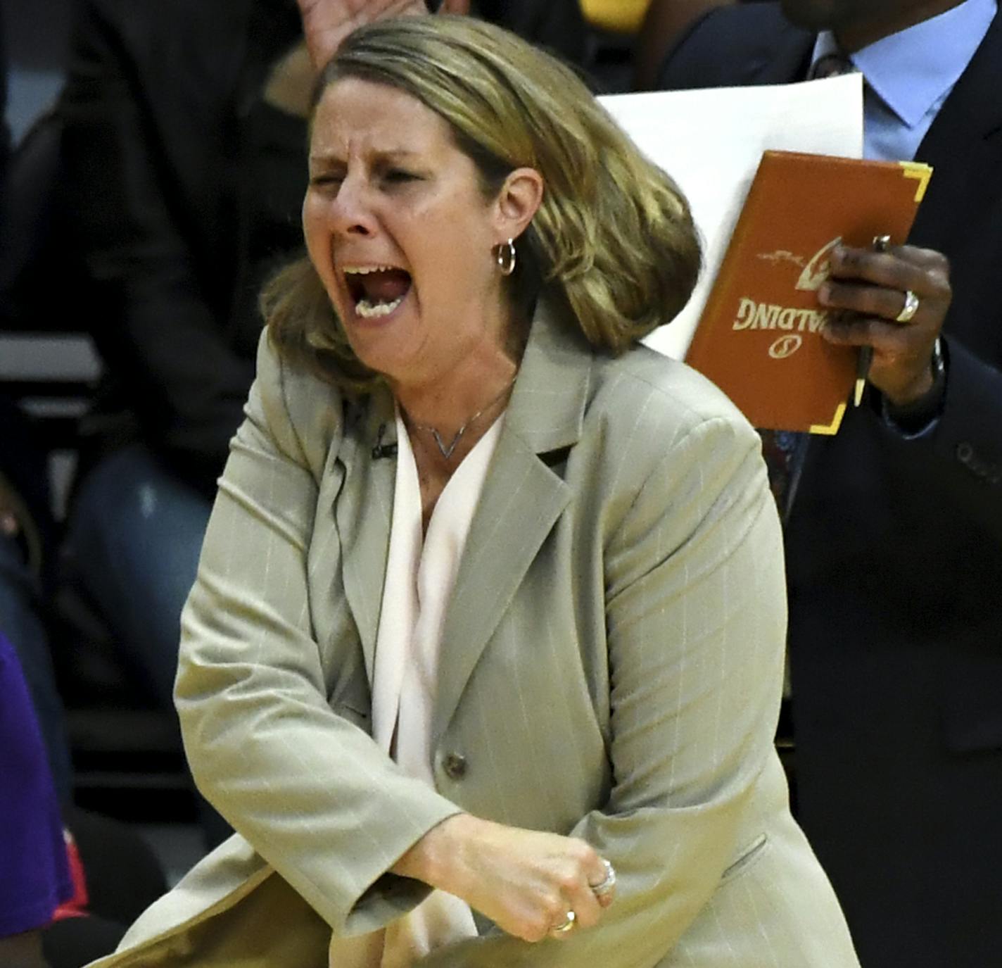 Minnesota Lynx head coach Cheryl Reeve reacts after a foul in the first half of a single elimination WNBA basketball playoff game against the Los Angeles Sparks, Tuesday, Aug. 21, 2018, in Los Angeles. (Keith Birmingham/The Orange County Register via AP)