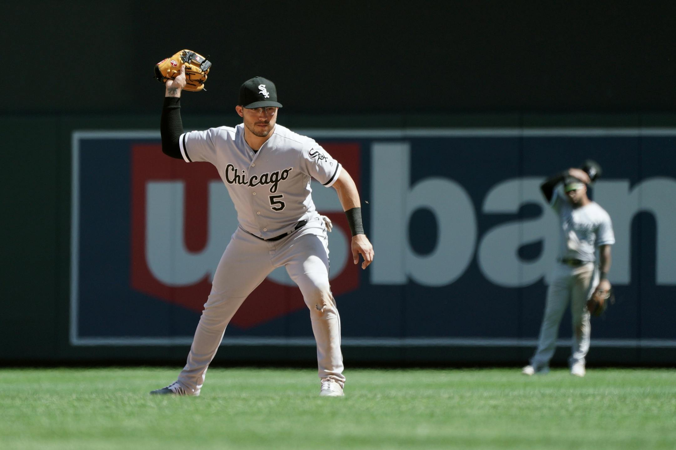 White Sox 2nd baseman Yolmer Sanchez prepares to take a swing at a bee that was buzzing him in the 8th inning.