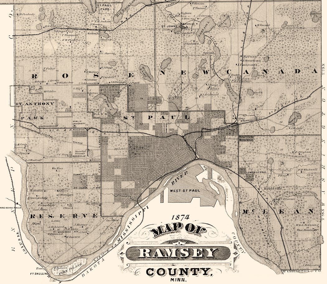 An 1874 map showing Ramsey County and its townships. The northern portion of the county has been cropped for clarity.