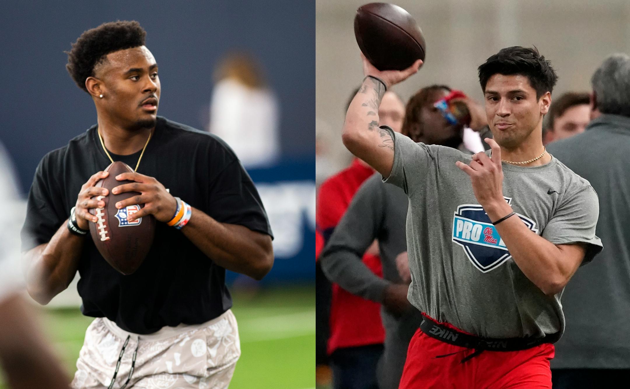 Liberty quarterback Malik Willis, left, and Mississippi quarterback Matt Corral worked out during their schools' respective pro days in March.