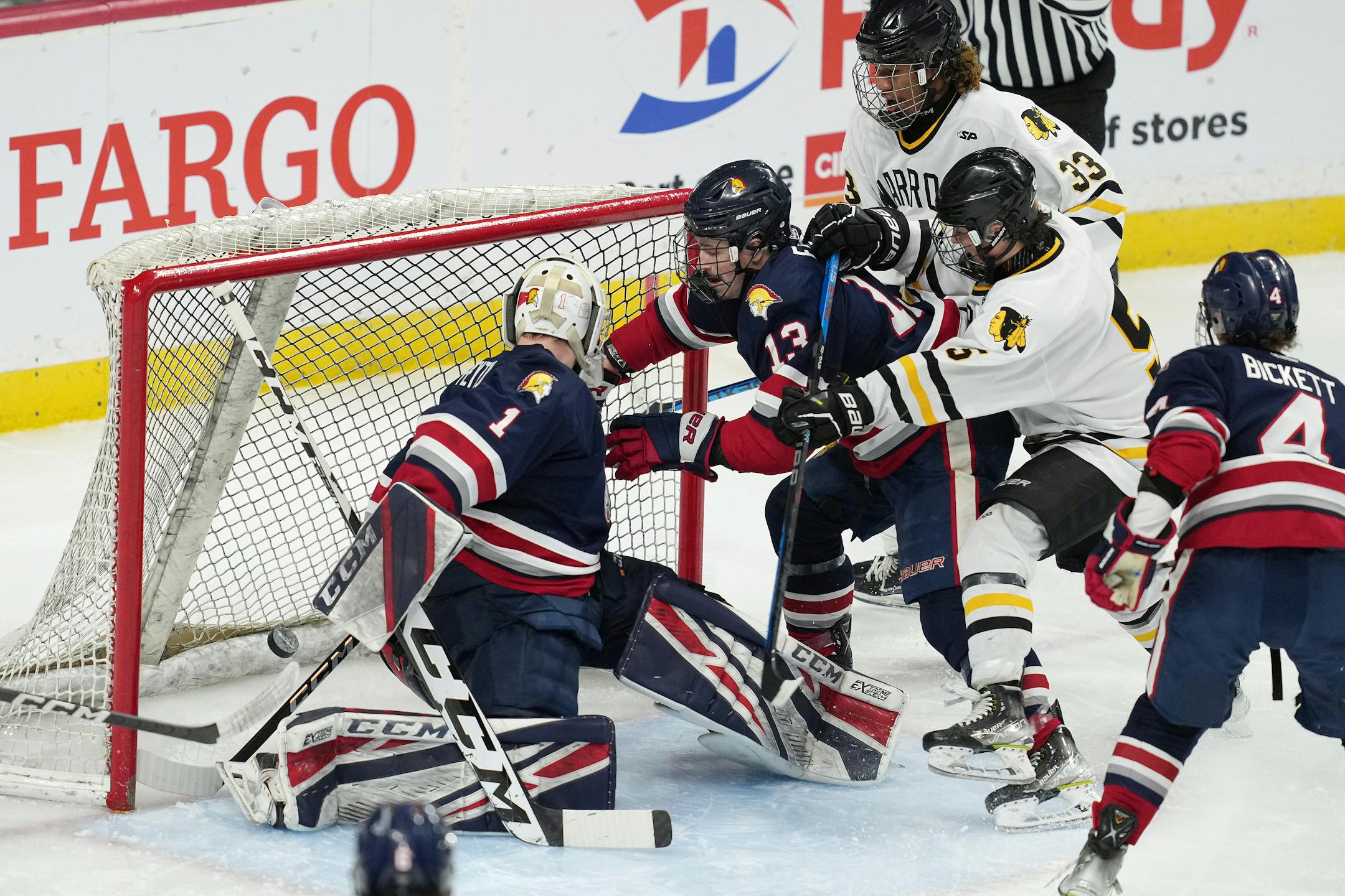 Orono goaltender Brock Peyton (1) looks back after Warroad forward Peyton Sunderland (33) scored in the first period of a MSHSL Class 1A state semifinal hockey game between Warroad and Orono Friday, March 10, 2023 at the Xcel Energy Center in St. Paul, Minn.