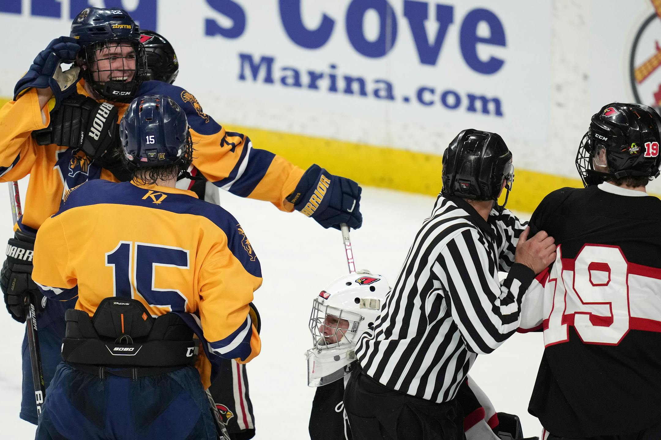 Mahtomedi forward Carter Haycraft (22) and Alexandria defenseman Mason Loch (19) have to be separated in the second period of a MSHSL Class 1A quarterfinal hockey game between Alexandria and Mahtomedi.