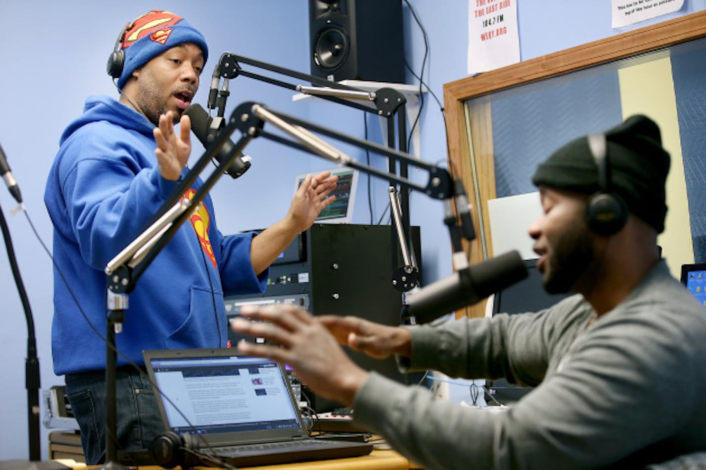 Shay "Glorius" Martin,  aka "DJ Huh What," left, and Nick "Mastermind" Mohammad, cq, talked about the topic of KKK article, during the morning show at WEQY 104.7 FM, the East Side's new neighborhood radio station, Monday, February 8, 2016 in St. Paul, MN.    ] (ELIZABETH FLORES/STAR TRIBUNE) ELIZABETH FLORES ' eflores@startribune.com