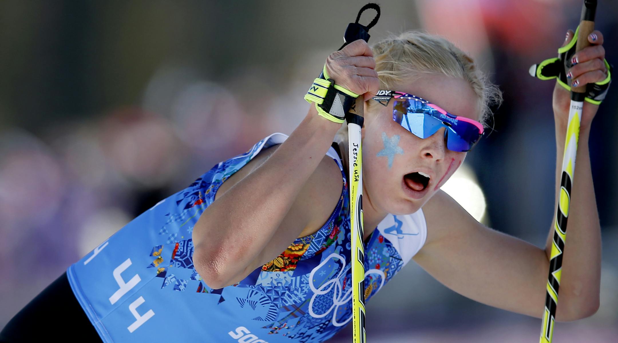 Jessie Diggins of Afton, Minn. caught her breath after crossing the finish line in the Women's 4 x 5km Relay on Saturday at the Laura Cross-country Ski and Biathlon Center. The United States team of Kikkan Randall (Anchorage, Alaska), Sadie Bjornsen (Winthrop, Wash.), Liz Stephen (East Montpelier, Vt.) and Jessica Diggins (Afton, Minn.) placed ninth in the women's 4x5km relay at the Laura Cross-Country Ski and Biathlon Center in Sochi's Mountain Cluster Saturday afternoon. Their time of 55:33.4