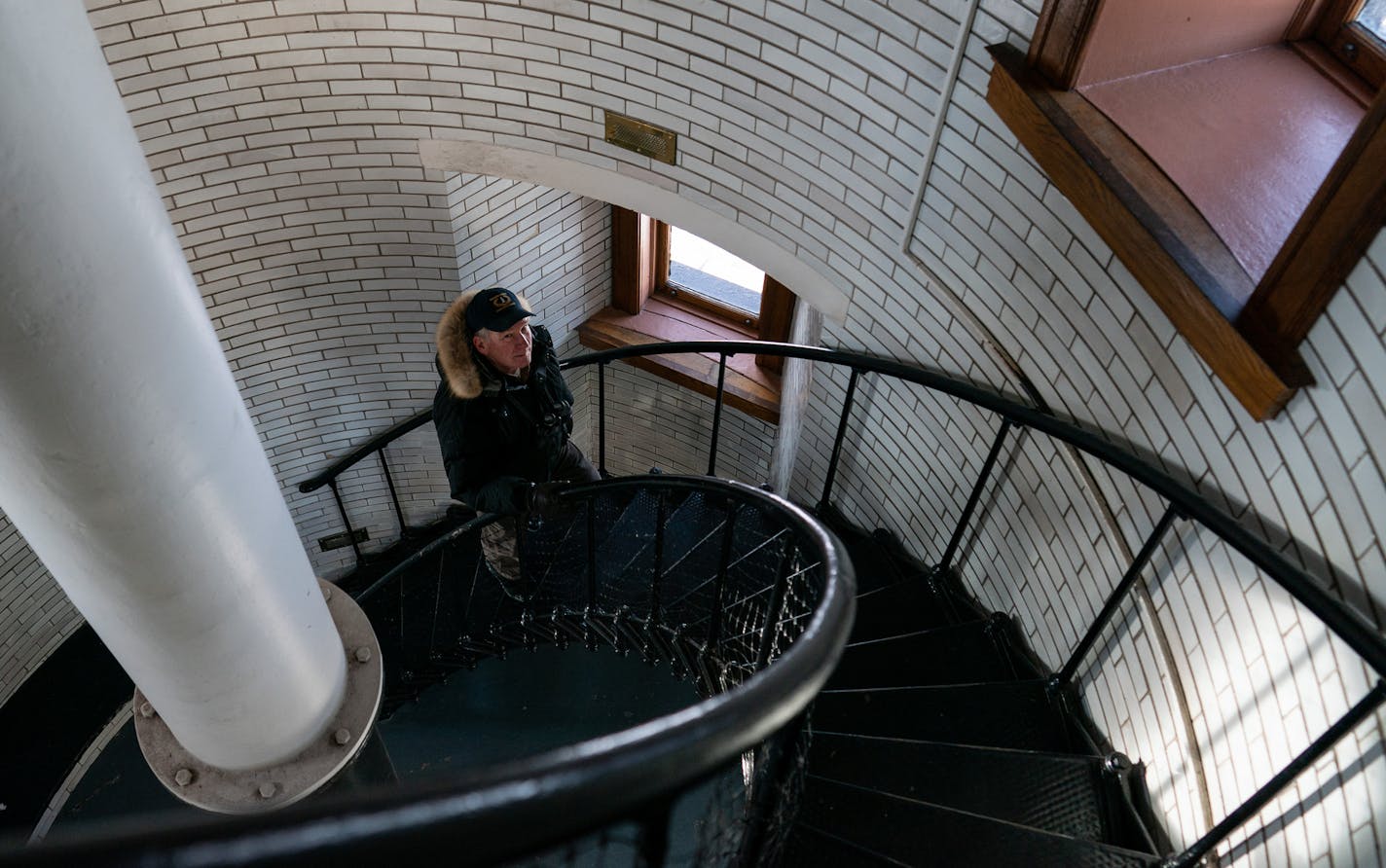 Lee Radzak climbed the spiral steps leading to the top of Split Rock Lighthouse near Two Harbors, Minn. After 36 years as the site's manager, he is set to retire this April.