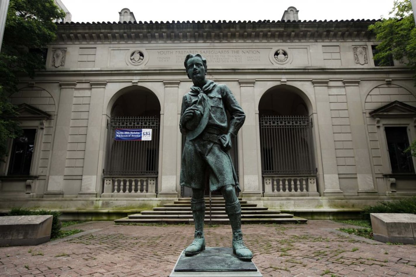 A statue of a Scout stands outside Boy Scout headquarters in Philadelphia, site of an eviction dispute this year over a ban on gay Scouts.