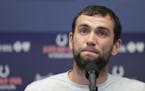 Indianapolis Colts quarterback Andrew Luck speaks during a news conference following the team's NFL preseason football game against the Chicago Bears,