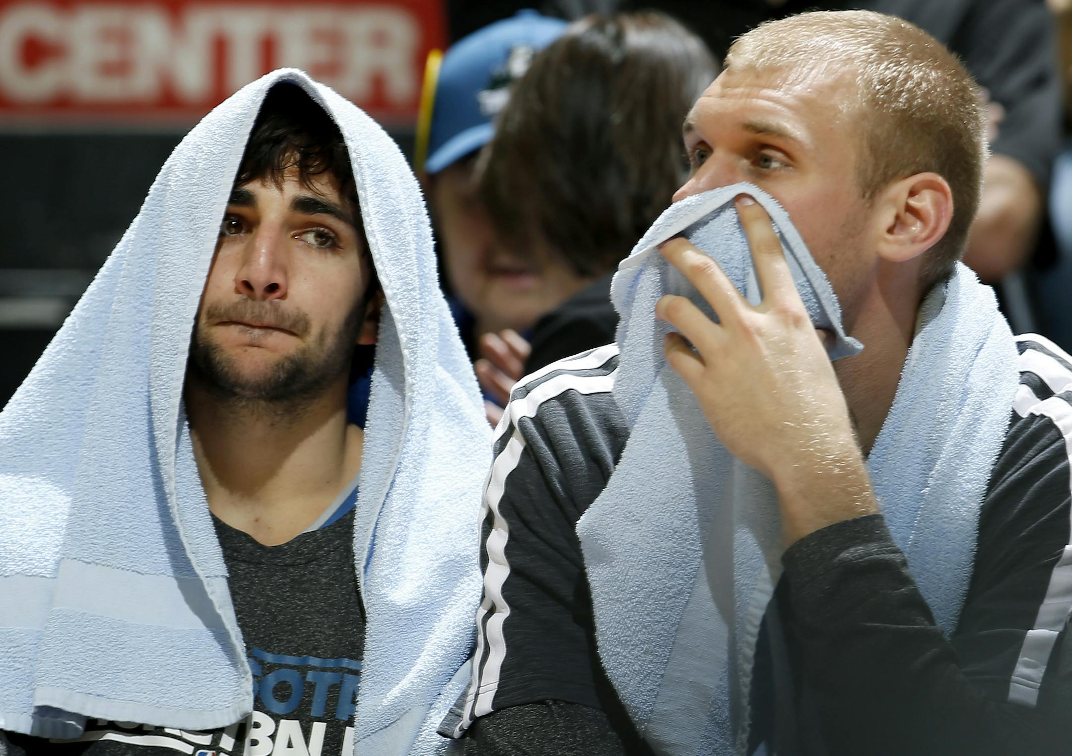 Ricky Rubio (9) and Greg Stiemsma (34) sat on the bench in the final minutes of the game. Utah beat Minnesota by a final score of 96-80. ] CARLOS GONZALEZ cgonzalez@startribune.com April 15, 2013, Minneapolis, Minn., Target Center, NBA, Minnesota Timberwolves vs. Utah Jazz