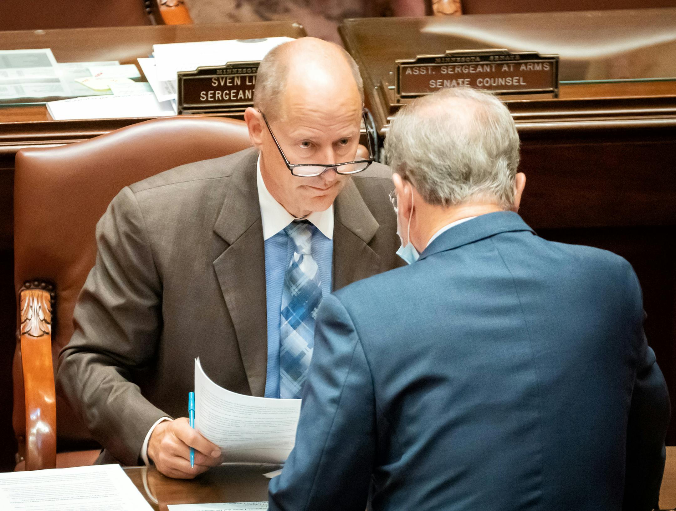 Senate Majority Leader Paul Gazelka, R-East Gull Lake talked with fellow Republican Sen. Warren Limmer, R-Maple Grove at the start of the third special session of the year. ] GLEN STUBBE • glen.stubbe@startribune.com Wednesday, August 12, 2020 Covering action at the 3rd special session of the Legislature, including votes on extending Gov. Tim Walz's state of emergency.