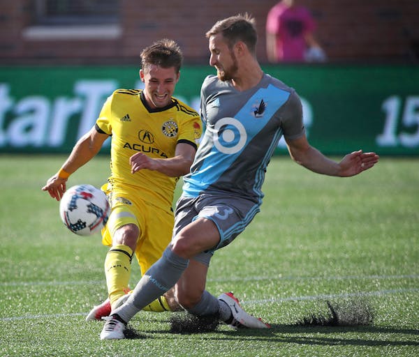 Columbus Crew SC midfielder Ethan Finlay (13) left was blocked by Minnesota United defender Jerome Thiesson (3) in the first half Tuesday at TCF Bank 