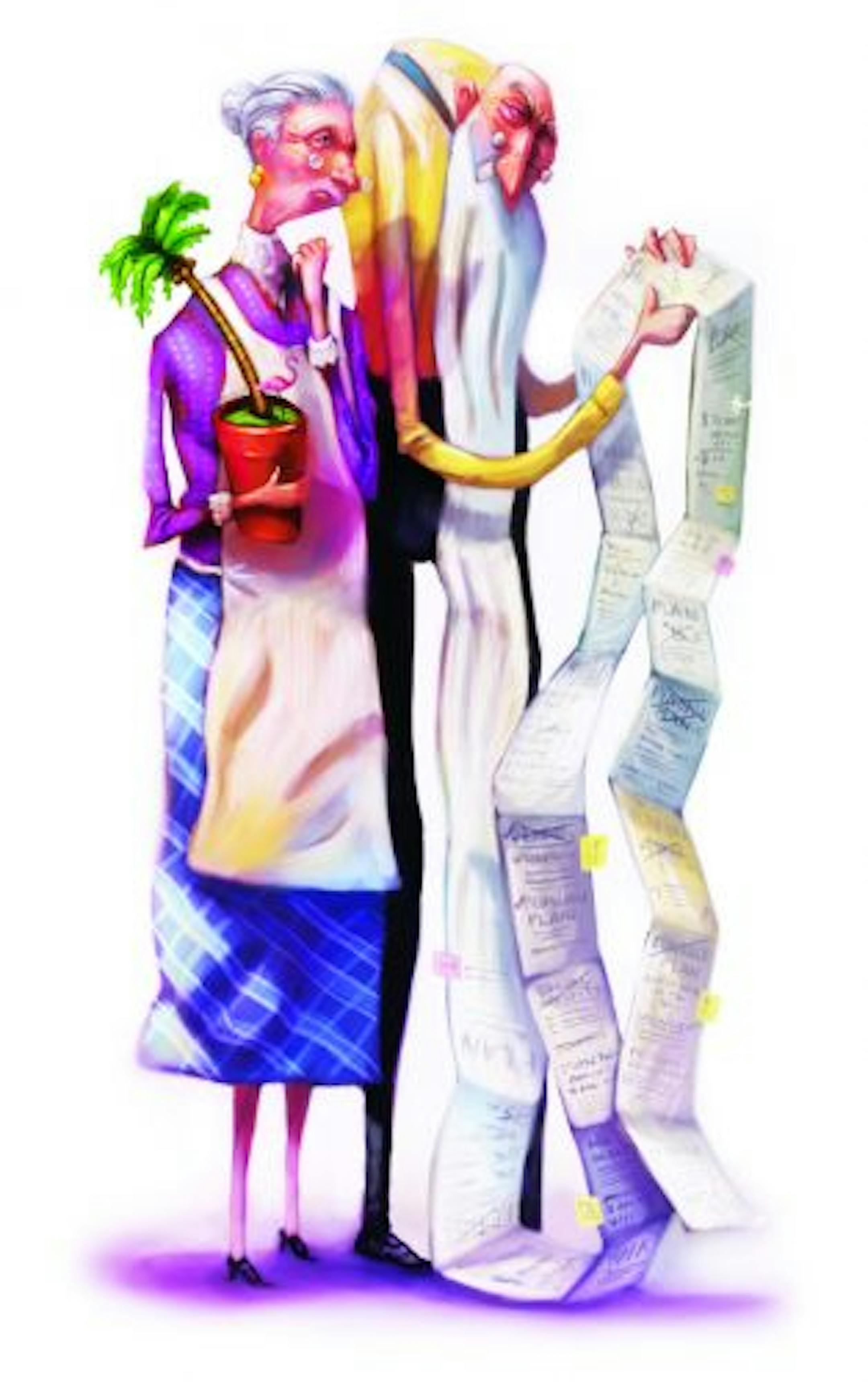 300 dpi Tim Lee illustration of elderly couple: wife holds a palm tree while husband holds a long list of retirement calculations. Can be used with stories about retirement planning, working a very long time. The News & Observer (Raleigh, N.C.) 2007 04000000, 08000000, FIN, HUM, krtbusiness business, krtfeatures features, krthumaninterest human interest, krtnational national, krtworld world, krt, mctillustration, 04006018, krtfinancialservice financial services, krtintlbusiness, krtnamer north a