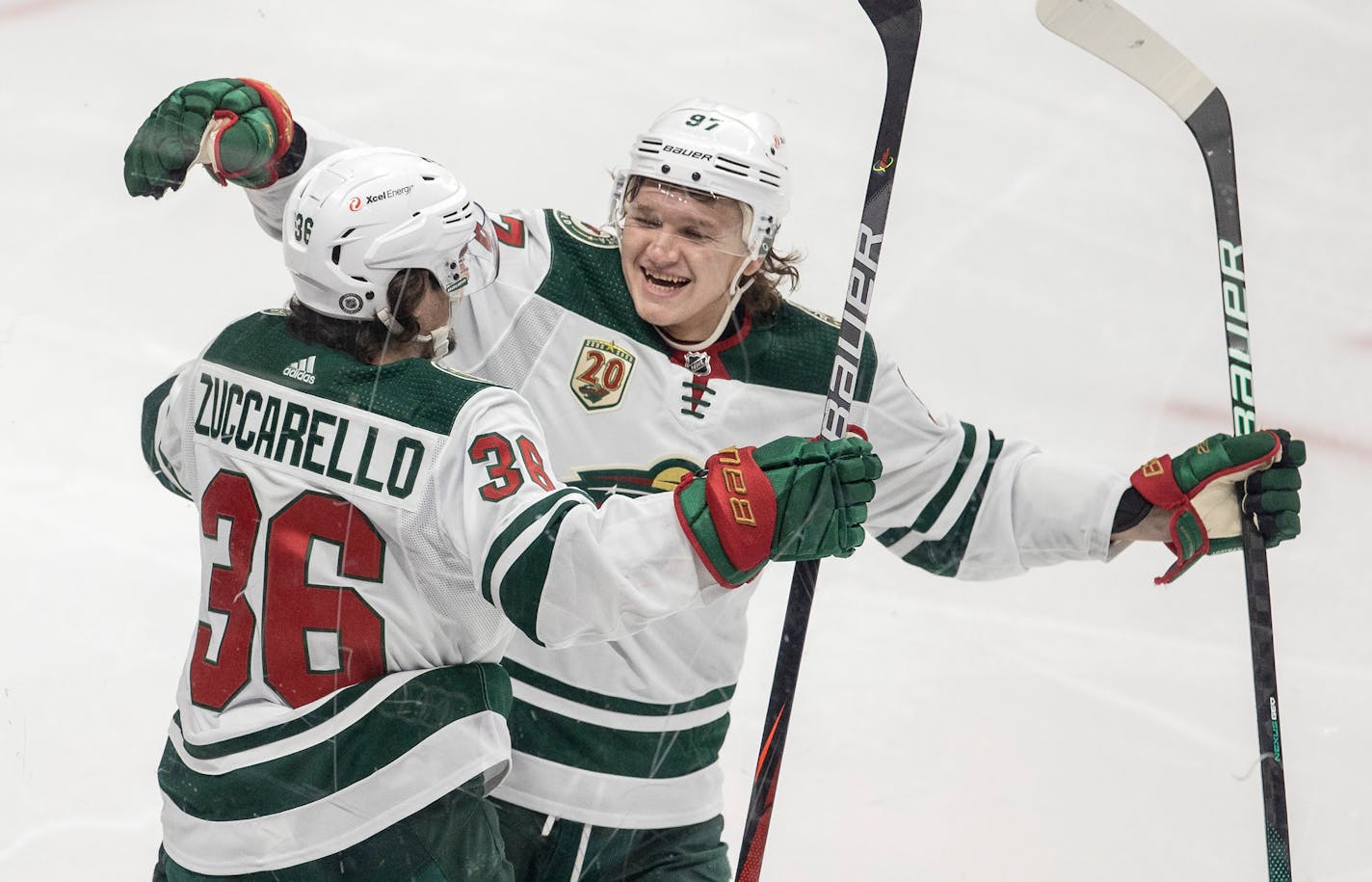 Mats Zuccarello (36) and Kirill Kaprizov (97) of the Minnesota Wild celebrated a goal by Zuccarello in the third period.