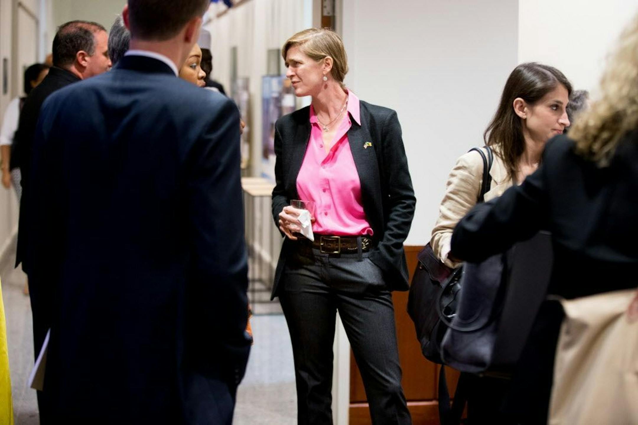 U.S. Ambassador to the United Nations Samantha Power speaka to members of civil society groups at the U.S. Embassy in Yaounde, Cameroon, Sunday, April 17, 2016. Power is visiting Cameroon, Chad, and Nigeria to highlight the growing threat Boko Haram poses to the Lake Chad Basin region.