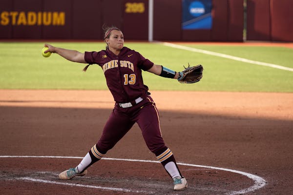 Gophers pitcher Amber Fiser (13) delivered the last pitch of the game against LSU Saturday. ] ANTHONY SOUFFLE &#x2022; anthony.souffle@startribune.com