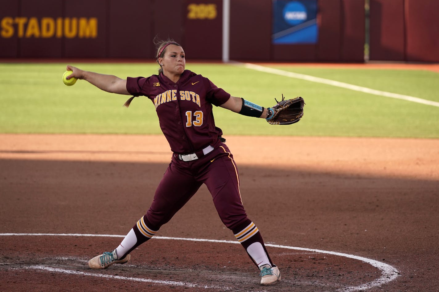 Gophers pitcher Amber Fiser (13) delivered the last pitch of the game against LSU Saturday. ] ANTHONY SOUFFLE &#x2022; anthony.souffle@startribune.com The Gophers played the LSU Tigers in an NCAA super regional softball game Saturday, May 25, 2019 at Jane Sage Cowles Stadium in Minneapolis.