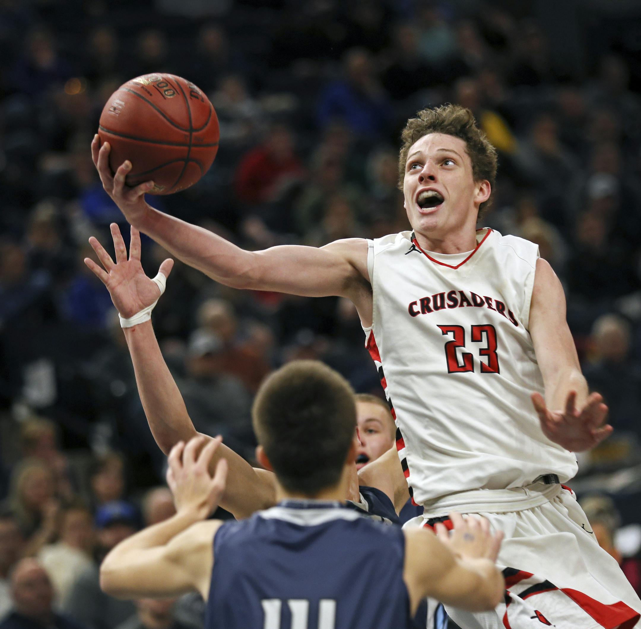 Mayer Lutheranís Baden Noennig goes up for the layup in the 1st half. ] Boys' Basketball Semifinals, Class 1A, Mayer Lutheran vs. Russell-Tyler-Ruthton
BRIAN PETERSON ï brian.peterson@startribune.com
Minneapolis, MN 03/22/18