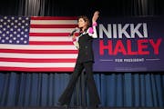 Nikki Haley took the stage at her rally in the Doubletree Hotel in Bloomington on Monday.