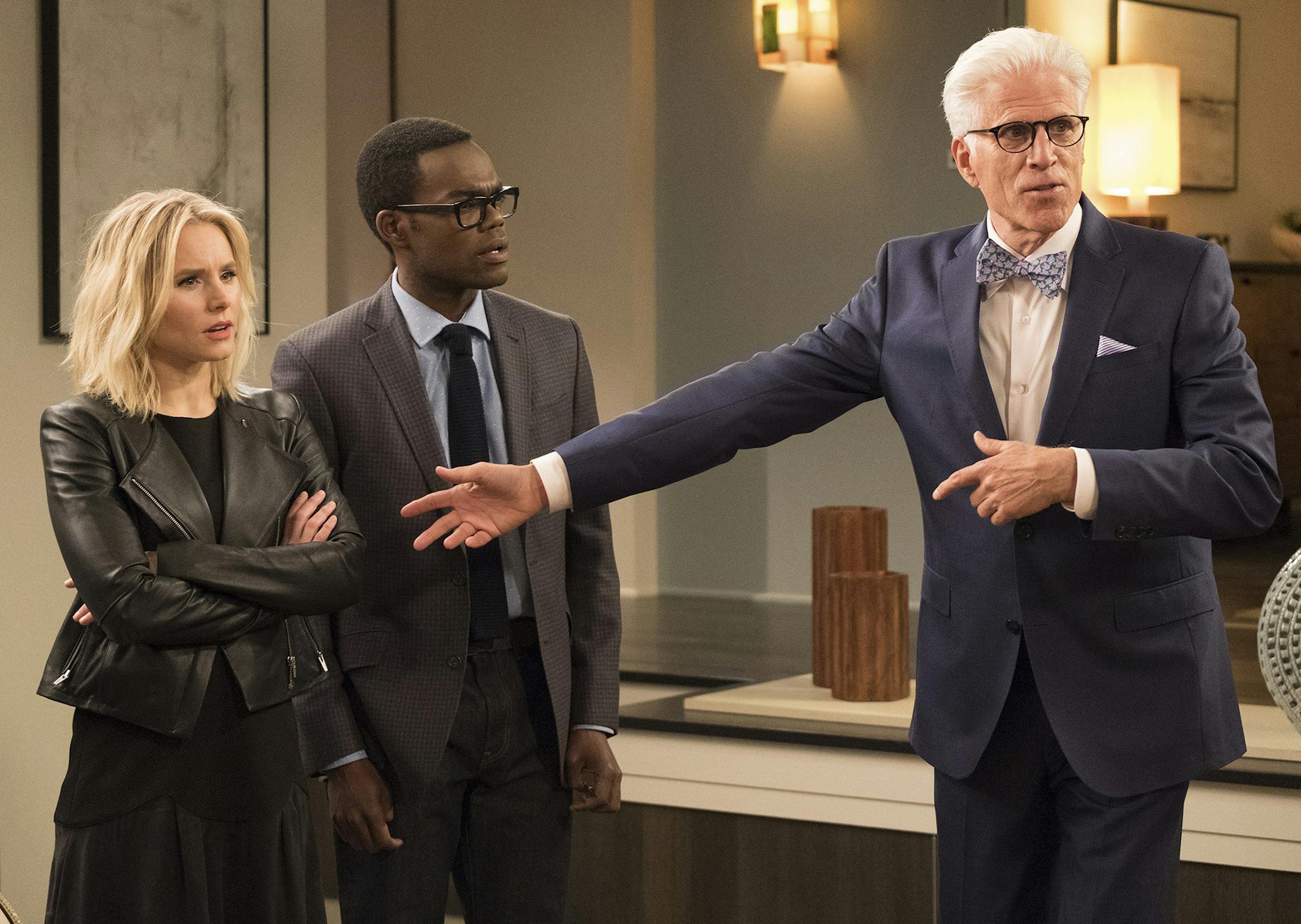 Kristen Bell, William Jackson Harper and Ted Danson in "The Good Place."