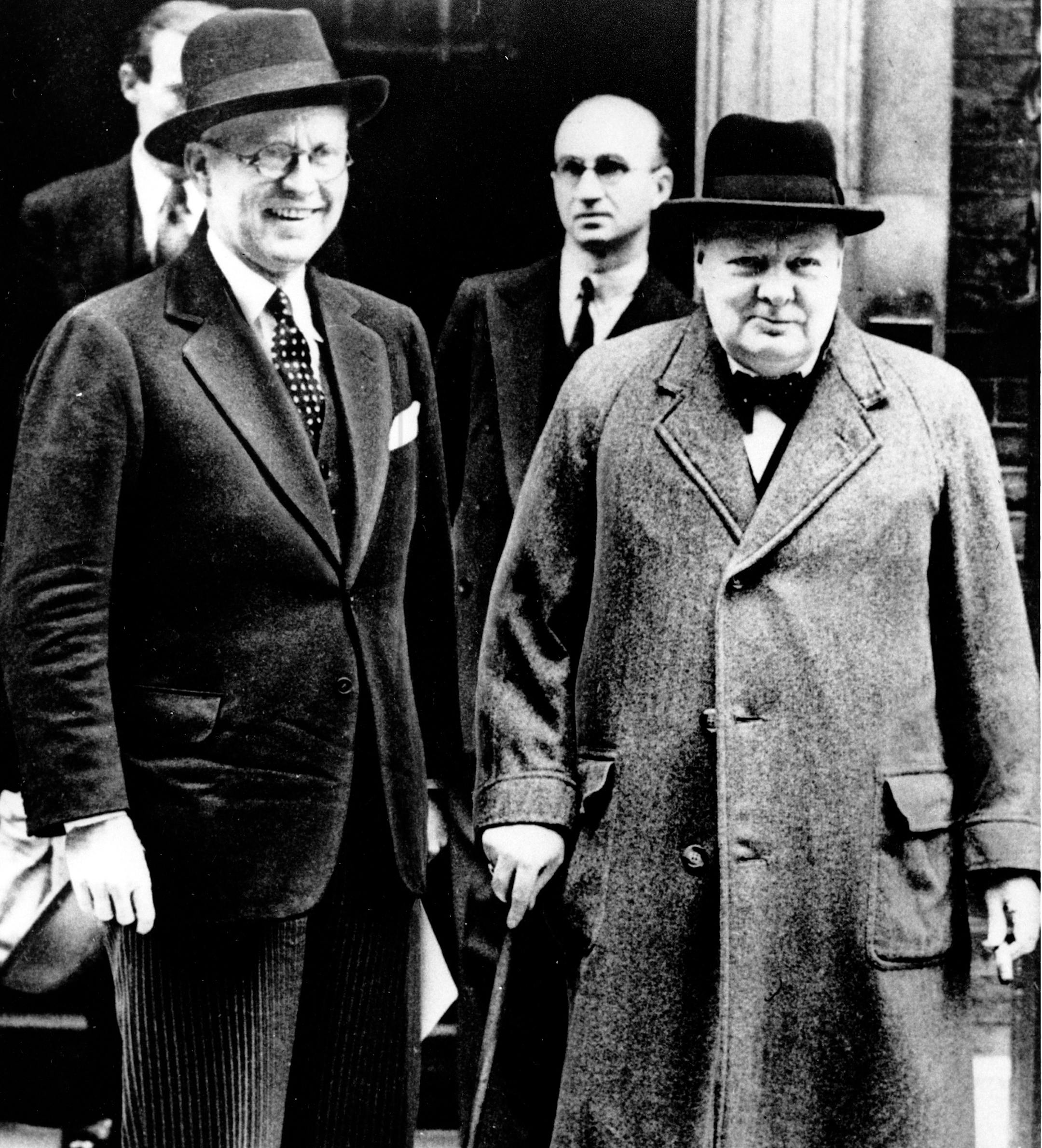 Joseph P. Kennedy bids farewell to Prime Minister Winston Churchill after calling at 10 Downing Street in London, England, in Oct. 1940. Kennedy, who has been U.S. Ambassador to Great Britain since 1937, is relinquishing his post and returning home. (AP Photo) ORG XMIT: APHS106