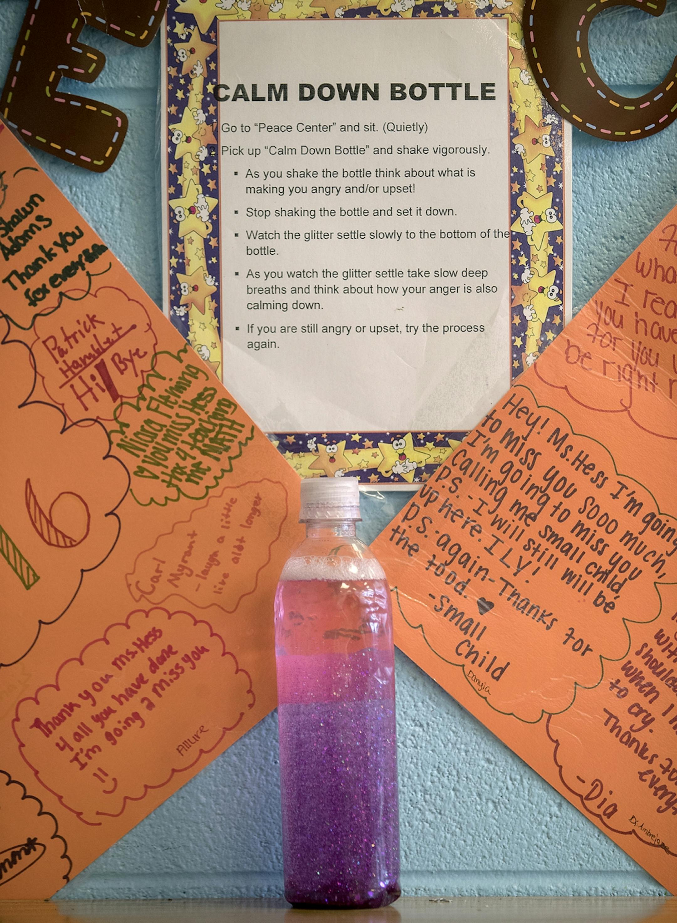 A "Calm Down Bottle" or a "Peace Corner" can be found in each classroom at Marcus Garvey Elementary School, Tuesday, March 21, 2017 in Chicago, IL. The glitter bottles are placed to help students calm their emotions.