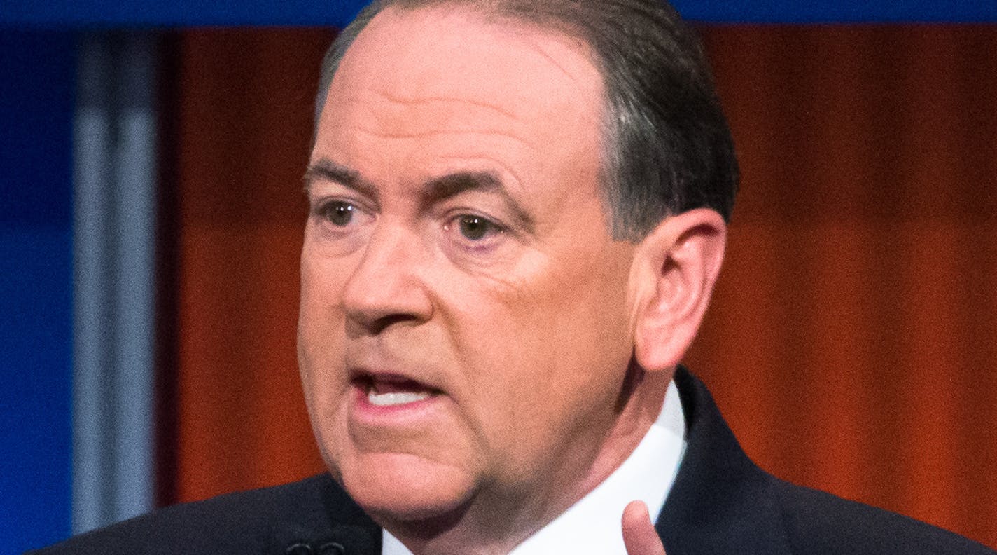 Republican presidential candidate and former Arkansas Gov. Mike Huckabee speaks during the first Republican presidential debate at the Quicken Loans Arena Thursday, Aug. 6, 2015, in Cleveland. (AP Photo/John Minchillo)