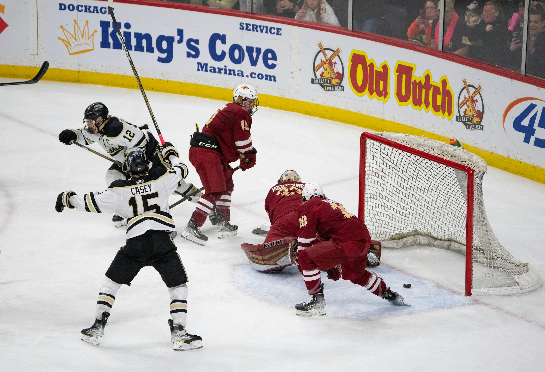 Andover Huskies forward Gavyn Thoreson (12) started celebrating after his goal in the second period.