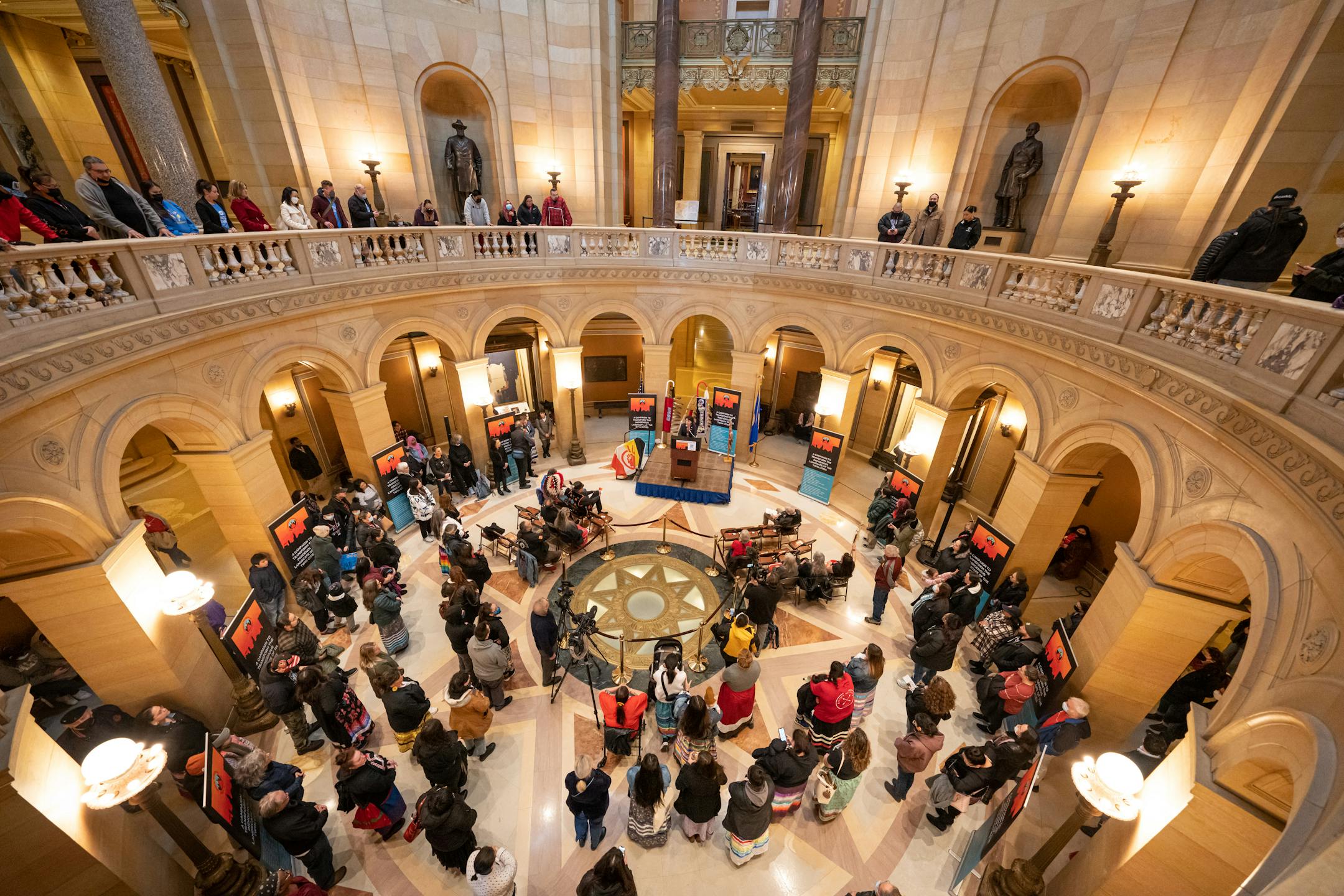 Sixteen Twin Cities American Indian organizations held a rally at the Capitol to highlight the Clyde Bellecourt Urban Indigenous Legacy Initiative, a bill to construct 12 new facilities at a cost of $83.9 million, designed to address disparities facing Native Americans in the Twin Cities.