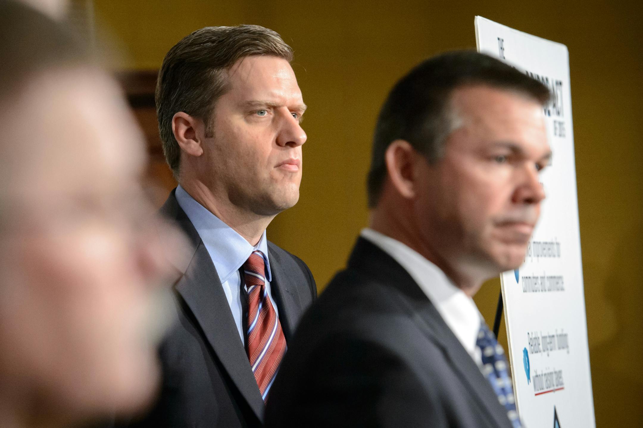 House Speaker Kurt Daudt, R-Crown, listened as House transportation committee chair Rep. Tim Kelly, R-Red Wing spoke at a press conference unveiling the Republican transportation plan.