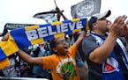 Efrem Lilly, 12, cheered after officials announced Minnesota United FC's move to the MLS Friday night. ] (AARON LAVINSKY/STAR TRIBUNE) aaron.lavinsky@
