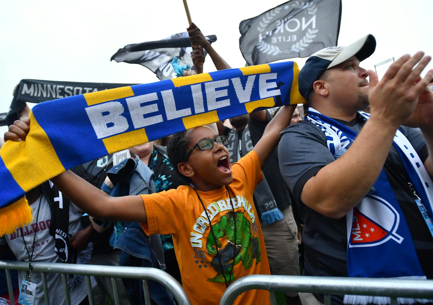 Efrem Lilly, 12, cheered after officials announced Minnesota United FC's move to the MLS Friday night. ] (AARON LAVINSKY/STAR TRIBUNE) aaron.lavinsky@startribune.com Major League Soccer Commissioner Don Garber, Minnesota United majority owner Dr. William McGuire, Minnesota Governor Mark Dayton and St. Paul Mayor Chris Coleman took part in an event announcing Minnesota United FC's move to the MLS Friday, August 19, 2016 at CHS Field in St. Paul, Minn.