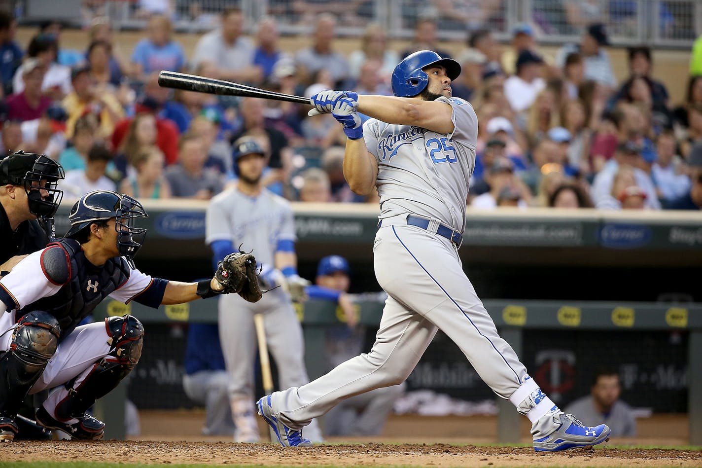 Kansas City Royals designated hitter Kendrys Morales, who scored a two-run homer in the second inning, swung the bat in the seventh inning as the Twins took on Kansas City, Monday, June 8, 2015 at Target Field in Minneapolis, MN. ] (ELIZABETH FLORES/STAR TRIBUNE) ELIZABETH FLORES &#x2022; eflores@startribune.com