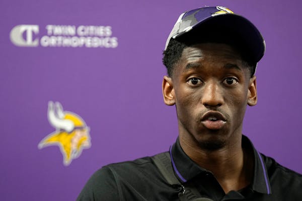 Minnesota Vikings first-round draft pick Jordan Addison speaks to the media during an NFL football press conference in Eagan, Minn., Friday, April 28,