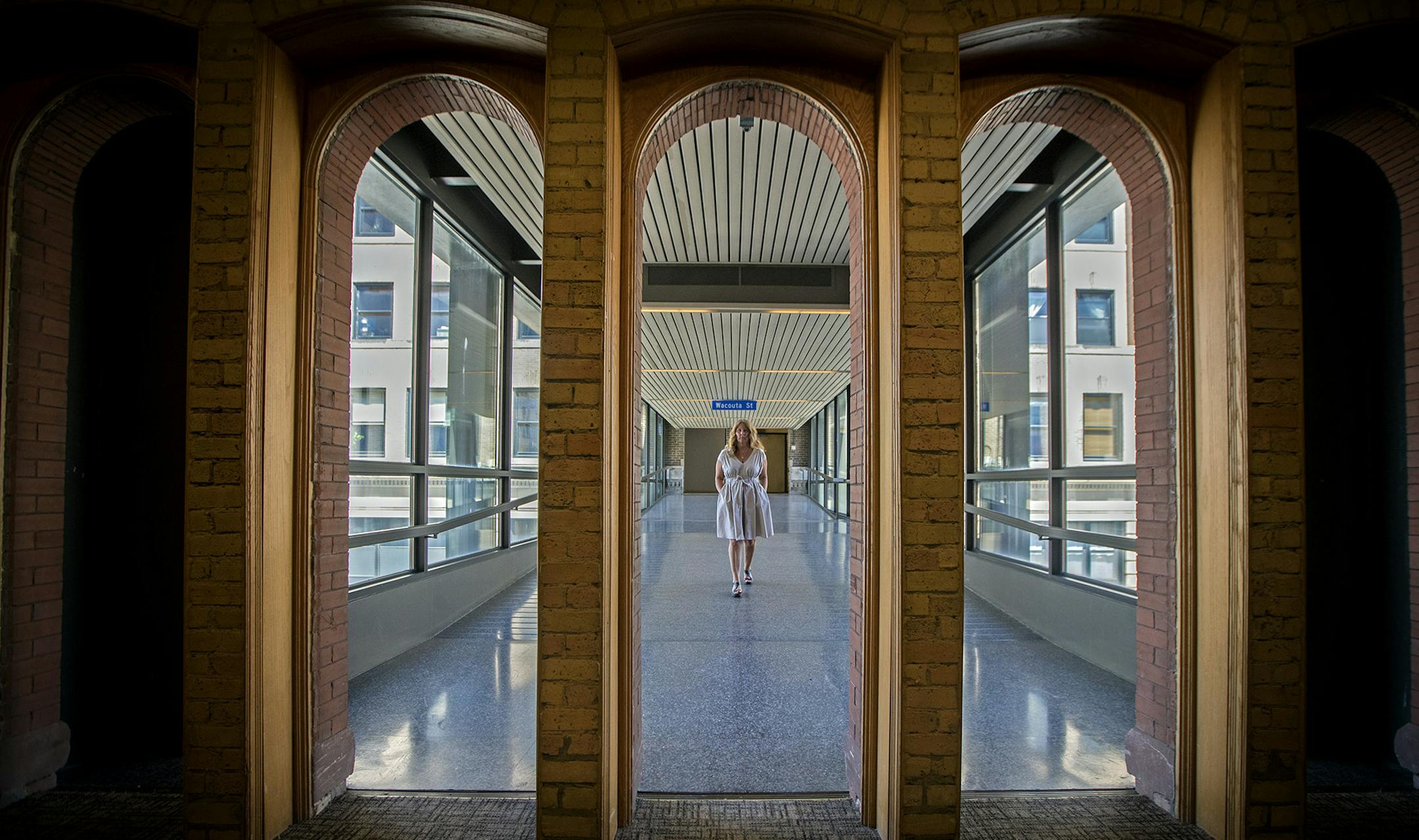 Jaunae Brooks, a Lowertown building owner, stood in the skyway that she believes should be able to lock to prevent people from coming through her building and creating problems at night, Wednesday, June 7, 2017 in St. Paul, MN. The city will consider Brooks' request to close her skyway earlier at Wednesday's council meeting. ] ELIZABETH FLORES ï liz.flores@startribune.com