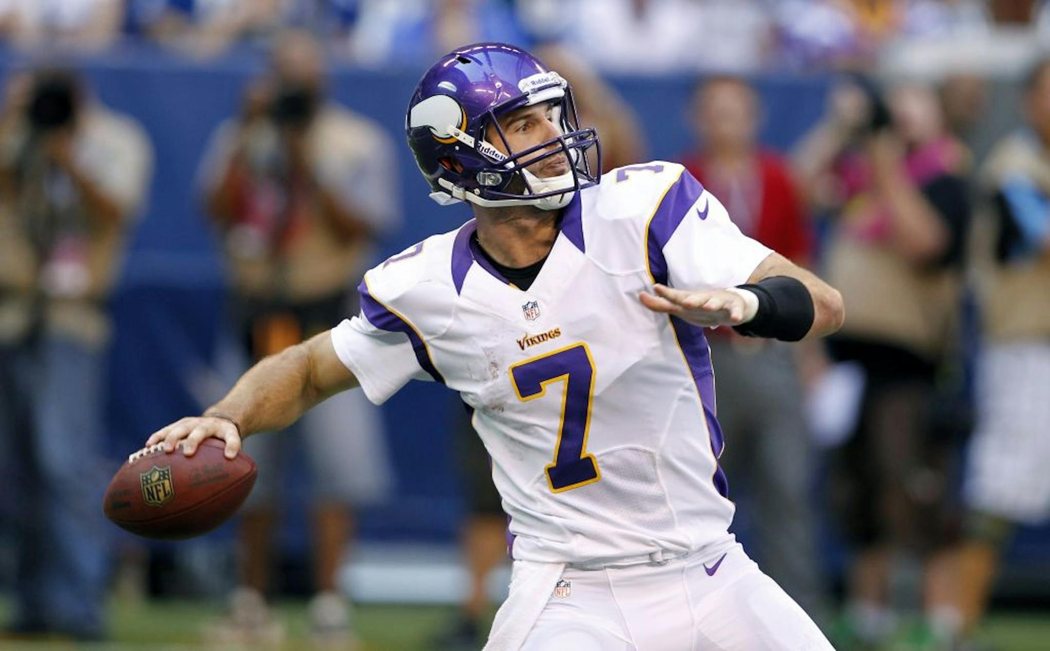 Minnesota Vikings quarterback Christian Ponder (7) throws downfield during their game on Sunday, September 16, 2012, in Indianapolis, Indiana. The Colts won the game 23-20 on a 53-yard field goal with 8 seconds remaining in regulation.