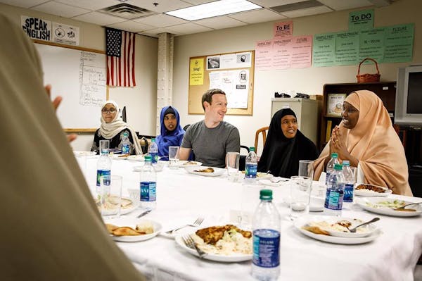Facebook CEO Mark Zuckerberg posted a photo of himself and Somali refugees sharing an Iftar dinner in Minneapolis Thursday night.