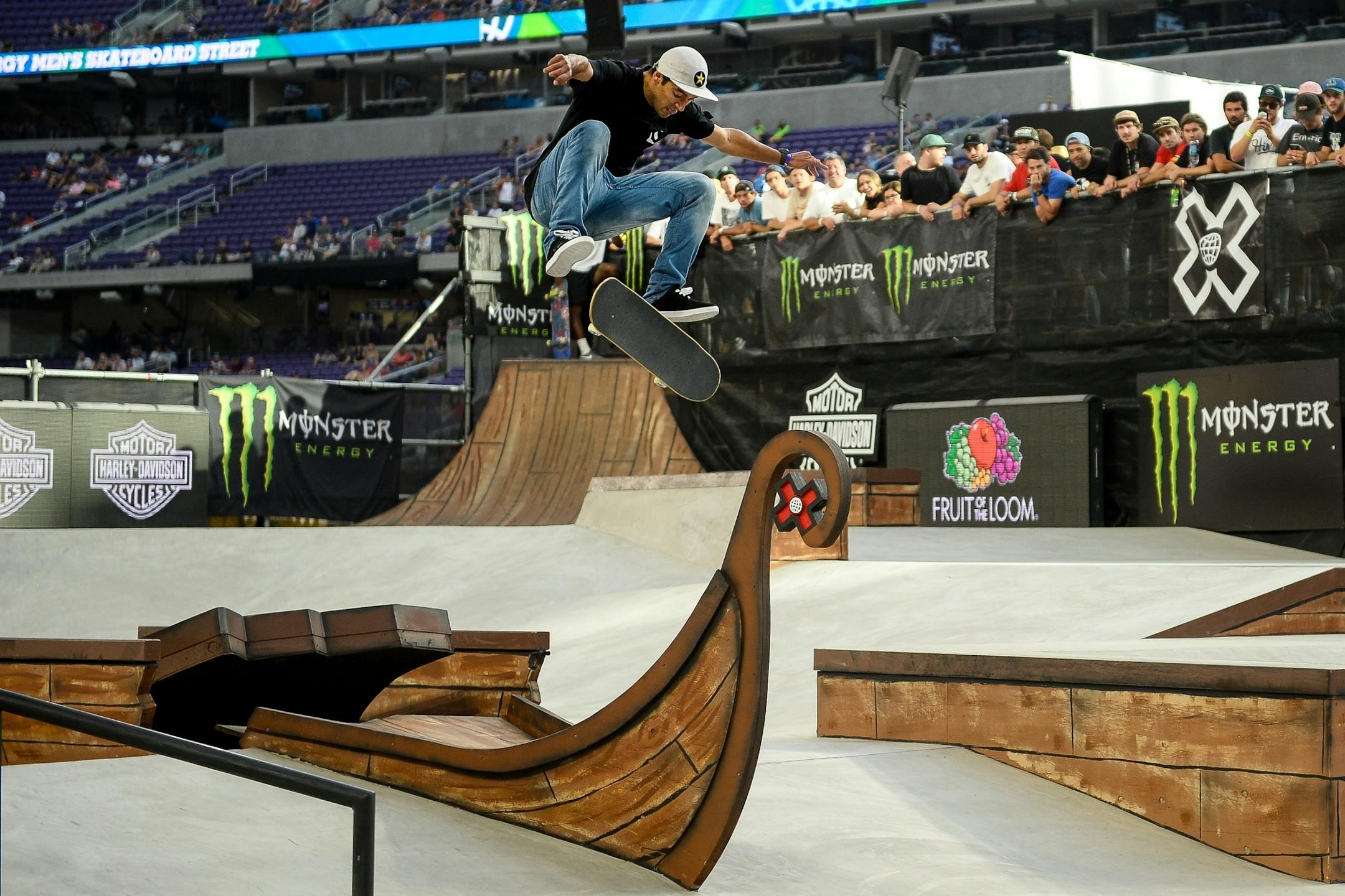 Kelvin Hoefler's frontside flip over the sunken viking ship gap was one of the tricks that earned him a gold medal in the street finals Saturday.