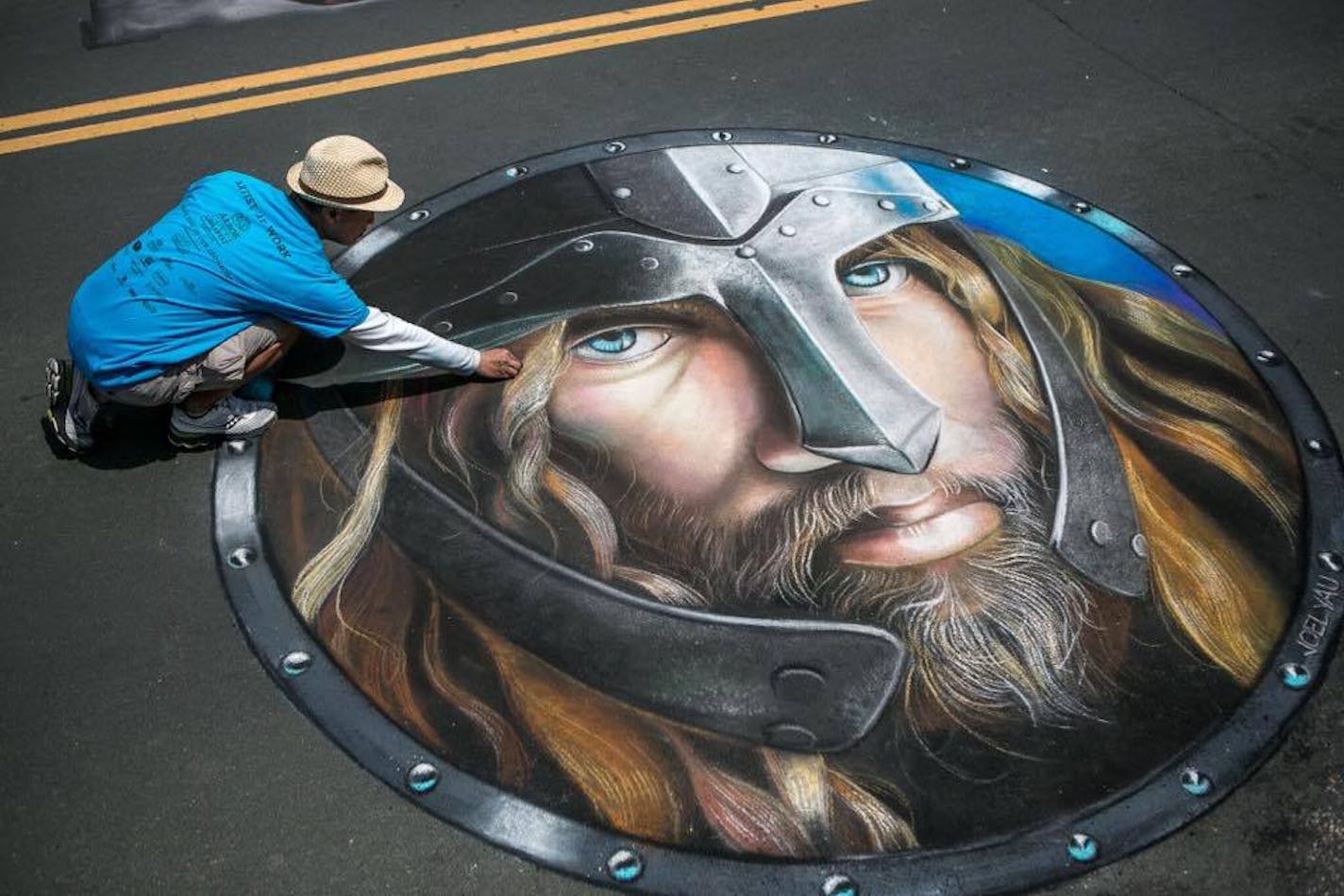 Joel Yau created this Viking image for last year&#x2019;s Chalkfest street painting festival in Maple Grove.