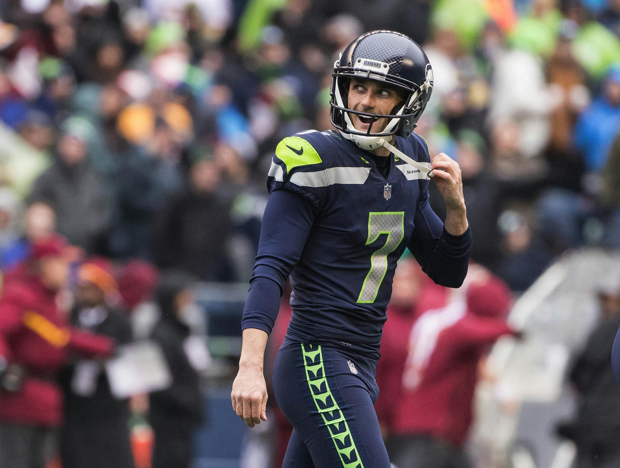 Seattle Seahawks' Blair Walsh watches his third field goal try of the half miss the uprights against the Washington Redskins on Sunday, Nov. 5, 2017 at CenturyLink Field in Seattle, Wash. (Dean Rutz/Seattle Times/TNS)