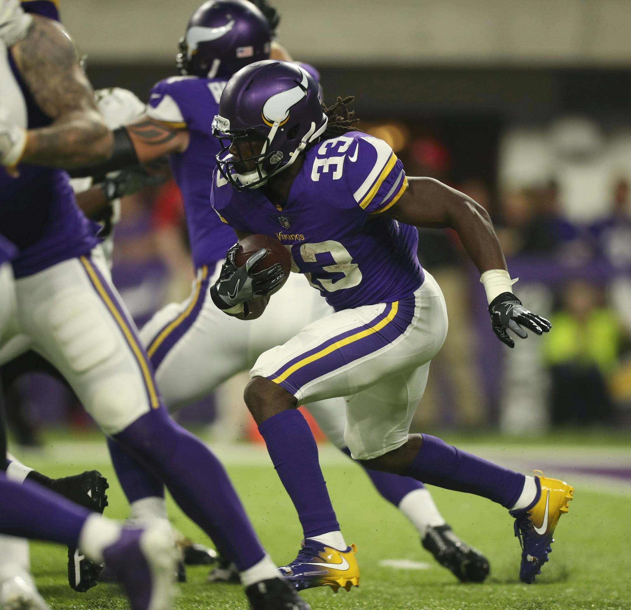 Minnesota Vikings running back Dalvin Cook (33) carried the ball in the second quarter. ] JEFF WHEELER ï jeff.wheeler@startribune.com The Minnesota Vikings faced the New Orleans Saints in their season opener NFL football game on Monday night, September 11, 2011 at U.S. Bank Stadium in Minneapolis.