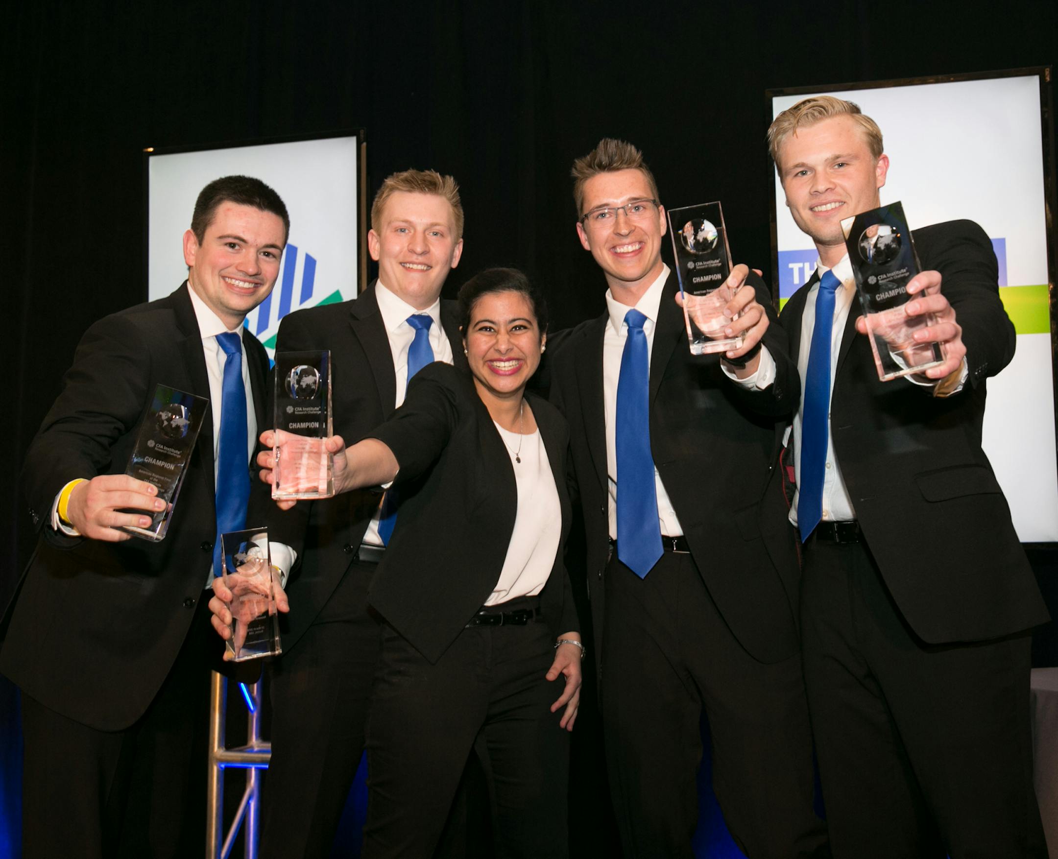 A team from the University of Minnesota Duluth will compete in the global CFA Institute Research Challenge in Malyasia on April 27, after winning the Americas competition for stock-research analysis in Boston. The winning team members are (left-to-right): Ryan Woitalla, Reed Leonidas, Nawal Mirza, Frank Takkinen and Ryan Kimbrel.