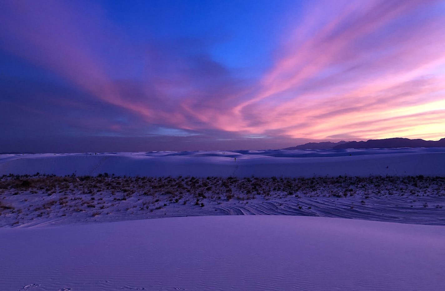 Sunset at White Sands paints the dunes in a striking lavender hue. (Melanie Radzicki McManus/Chicago Tribune/TNS) ORG XMIT: 1528924 ORG XMIT: MIN2001060340381511