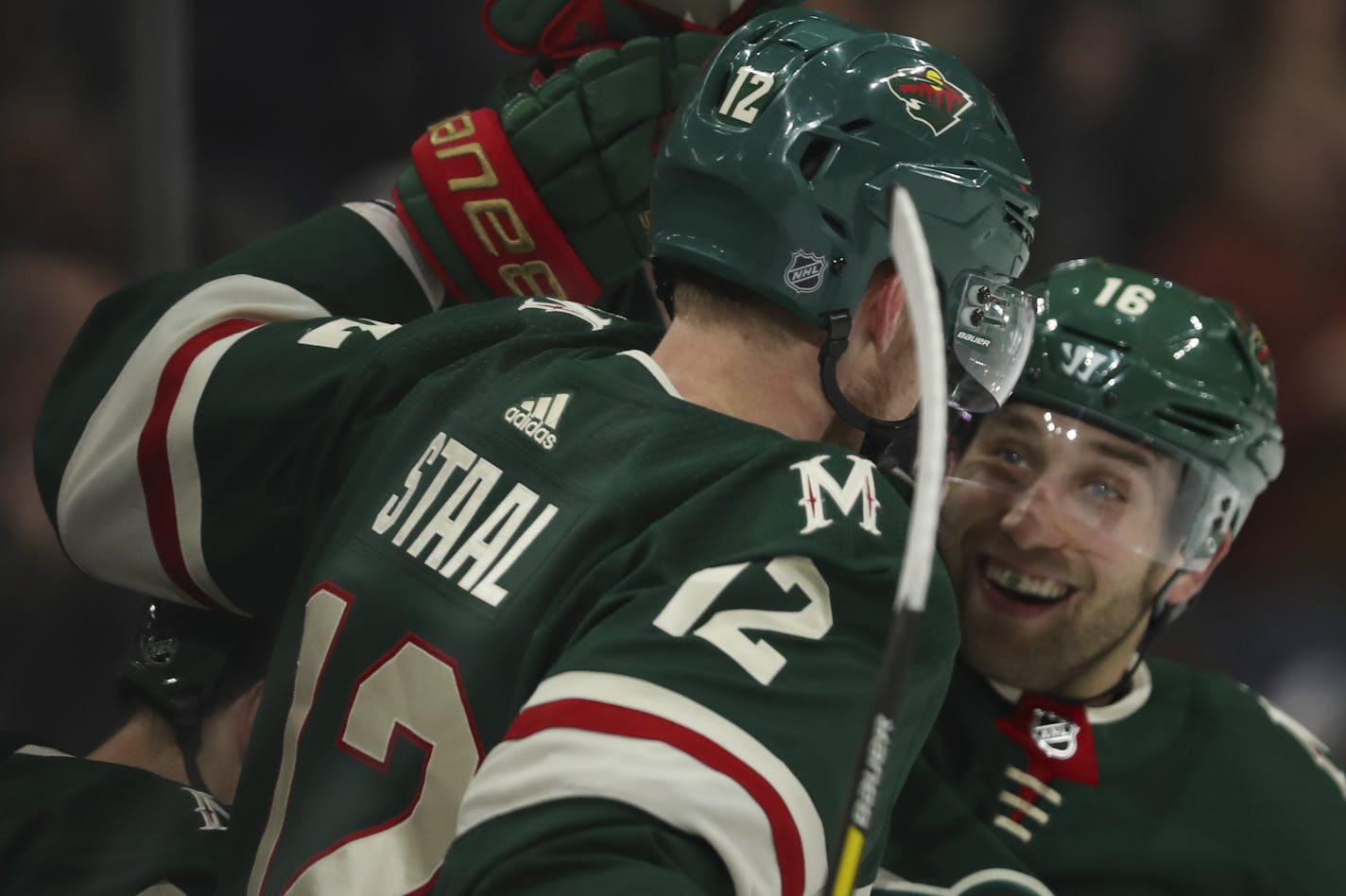 Wild center Eric Staal celebrated his second period goal, the fourth in the period, with linemate Jason Zucker